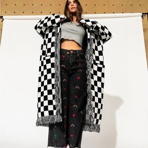 Dressed in LALA Luxe Fringe Blanket Cardigan in Black + White Check 2XL/3XL